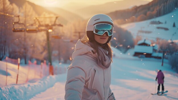 Vista de mulher snowboarding com tons pastel e paisagem de sonho