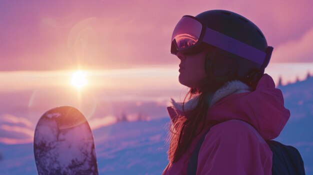 Vista de mulher snowboarding com tons pastel e paisagem de sonho