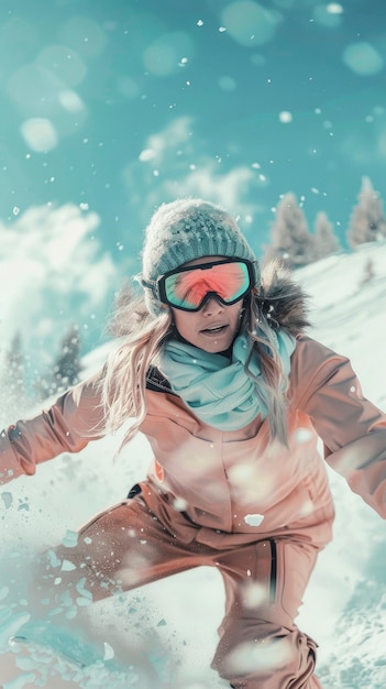 Vista de mulher snowboarding com tons pastel e paisagem de sonho