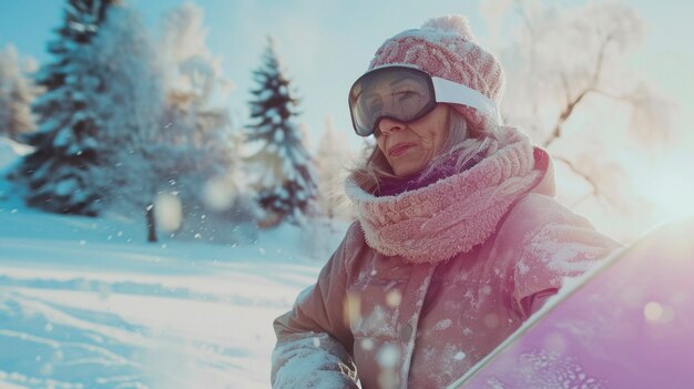 Vista de mulher snowboarding com tons pastel e paisagem de sonho