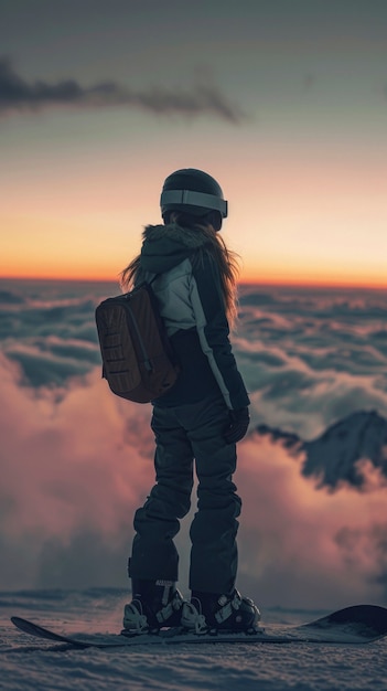 Foto grátis vista de mulher snowboarding com tons pastel e paisagem de sonho