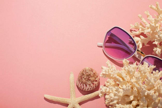 Vista de óculos de sol de verão com coral