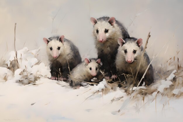 Vista de opossum animal em estilo de arte digital com neve