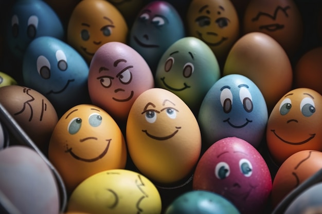 Foto grátis vista de ovos de páscoa com rostos de desenho animado