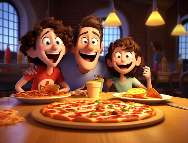 Vista de pai de desenho animado e filhos com deliciosa pizza 3D