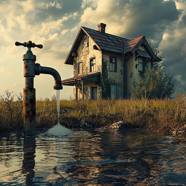 Foto grátis vista de paisagem de fantasia com torneira de água corrente surrealista para a conscientização do dia mundial da água