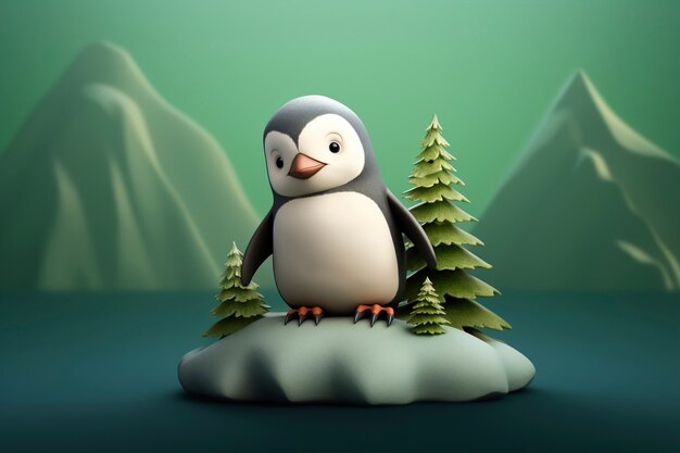 Foto grátis vista de pássaro pinguim 3d com paisagem natural