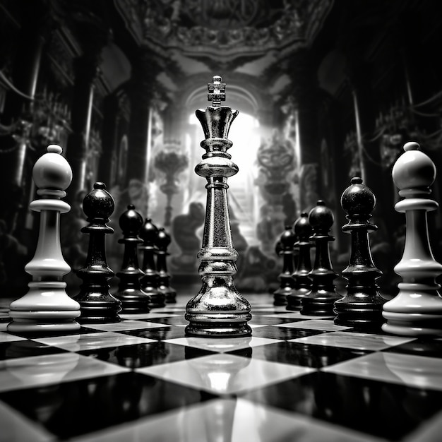 Vista de peças de xadrez com fundo dramático e místico