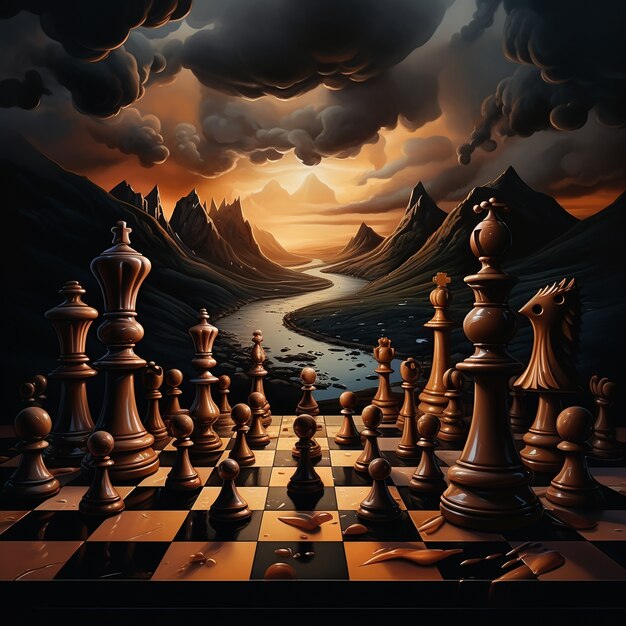 Vista de peças de xadrez dramáticas com ambiente misterioso e místico