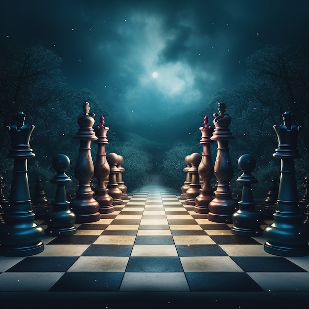 Vista de peças de xadrez dramáticas com ambiente misterioso e místico