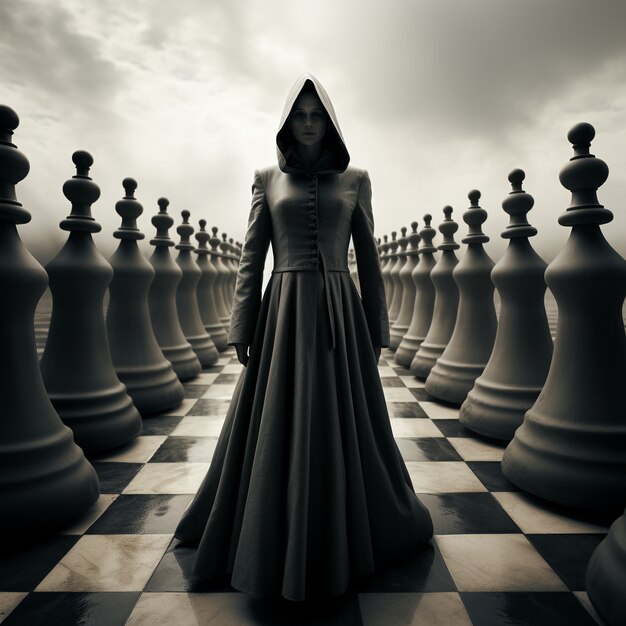 Vista de peças de xadrez dramáticas com figura misteriosa