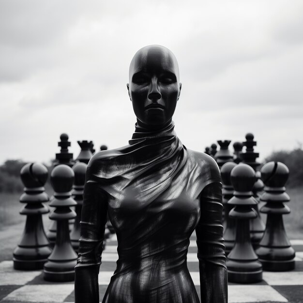 Vista de peças de xadrez dramáticas com figura misteriosa