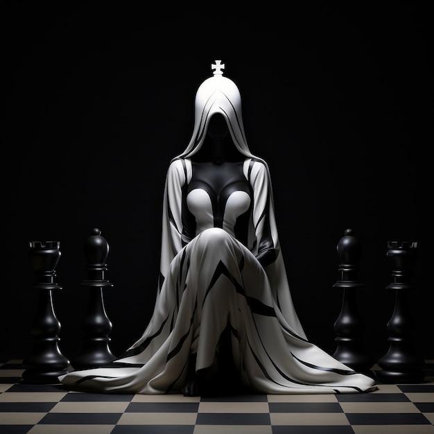 Vista de peças de xadrez dramáticas com figura misteriosa