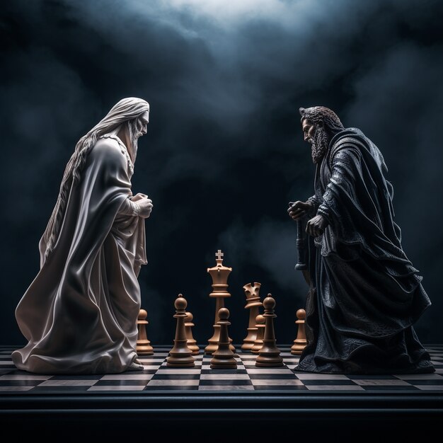 Vista de peças de xadrez dramáticas com homens