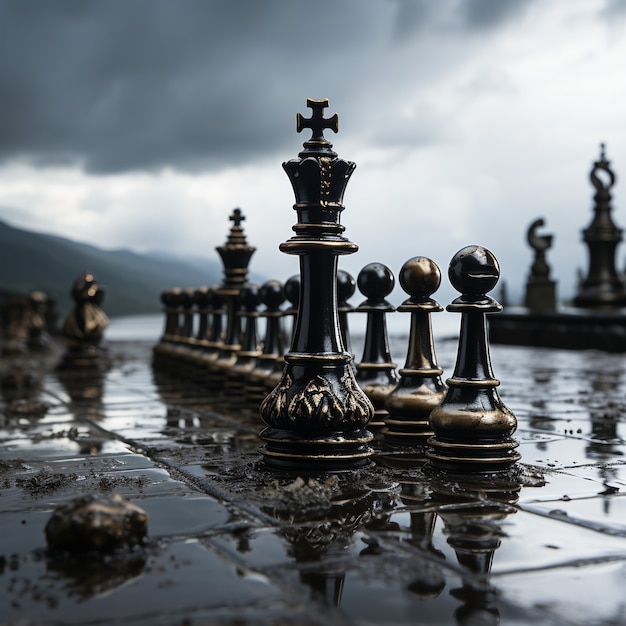 Vista de peças de xadrez dramáticas com tempestade