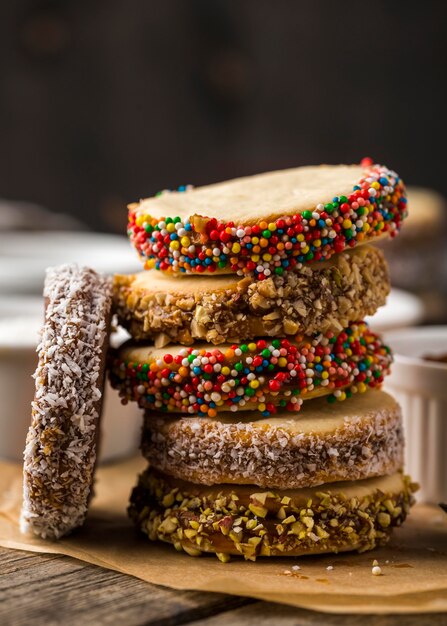 Vista de perto de deliciosos alfajores