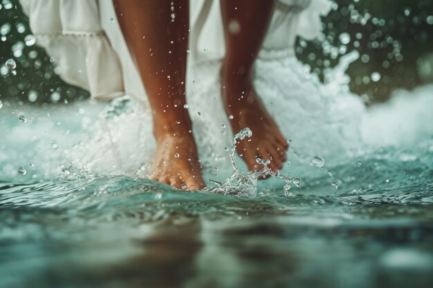 Vista de pés realistas tocando água corrente clara