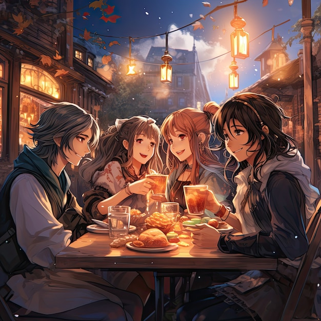 Vista de pessoas desfrutando de comida deliciosa no jantar de reunião em estilo anime