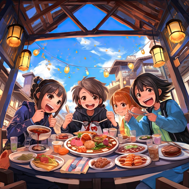 Foto grátis vista de pessoas desfrutando de comida deliciosa no jantar de reunião em estilo anime