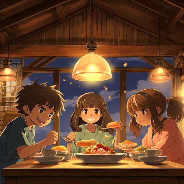 Foto grátis vista de pessoas desfrutando de comida deliciosa no jantar de reunião em estilo anime