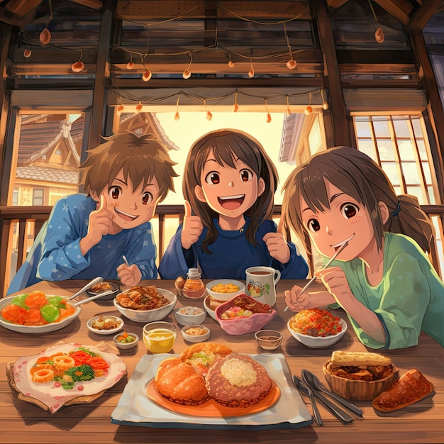 Foto grátis vista de pessoas desfrutando de comida deliciosa no jantar de reunião em estilo anime