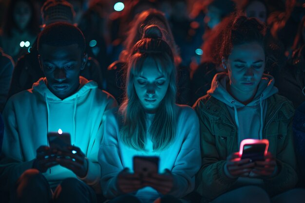 Vista de pessoas viciadas em seus smartphones olhando e rolando pelas telas