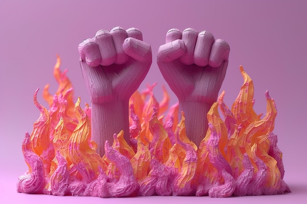Vista de punhos roxos com fogo para a celebração do Dia da Mulher