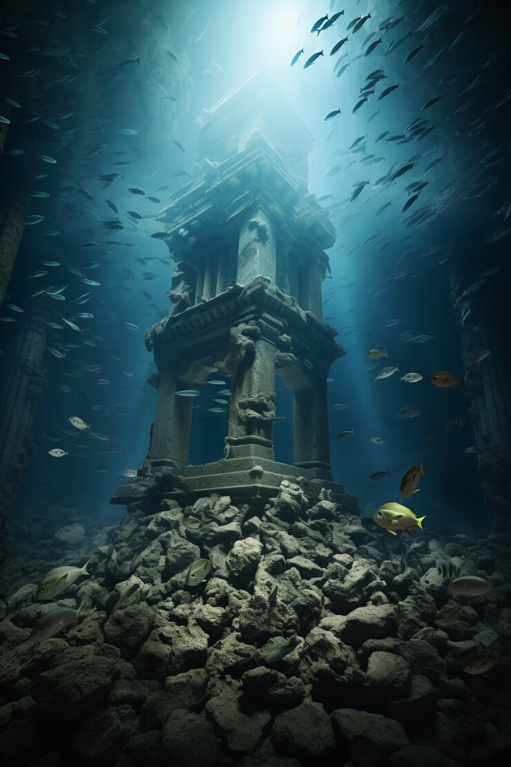 Foto grátis vista de ruínas arqueológicas de edifícios subaquáticos com vida marinha e peixes