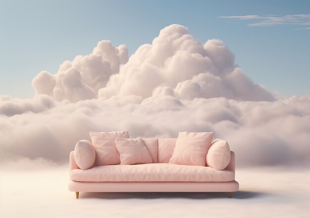 Vista de sofá 3D com nuvens