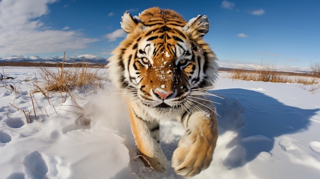 Foto grátis vista de tigre selvagem com neve