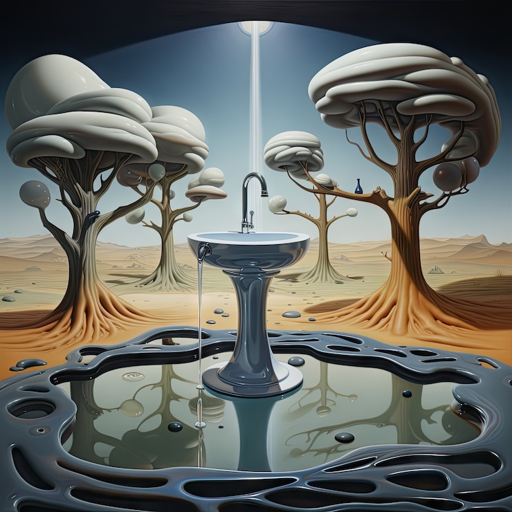 Foto grátis vista de torneira de fantasia com água corrente e paisagem surrealista para a conscientização do dia mundial da água
