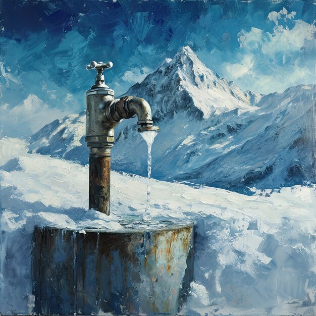 Vista de torneira de fantasia com água corrente e paisagem surrealista para a conscientização do Dia Mundial da Água