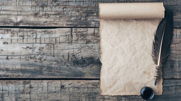 Vista de um antigo pergaminho de papel para escrever e documentar