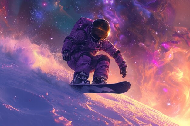 Vista de um astronauta em fato espacial fazendo snowboard na Lua