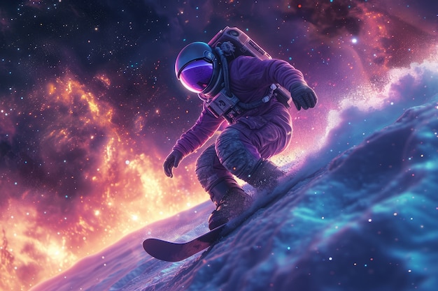 Vista de um astronauta em fato espacial fazendo snowboard na Lua