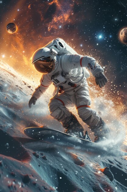 Vista de um astronauta em fato espacial fazendo snowboard na Lua