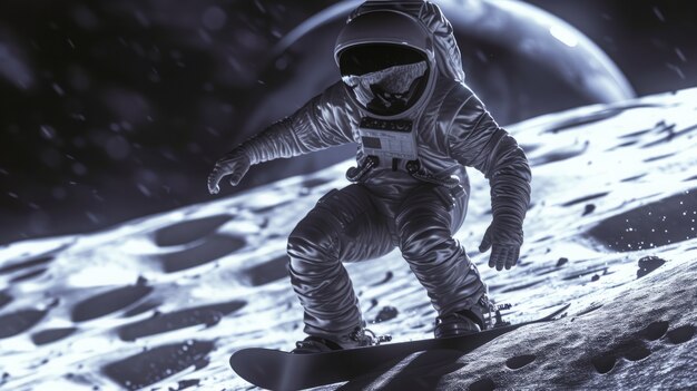 Vista de um astronauta em fato espacial fazendo snowboard na Lua