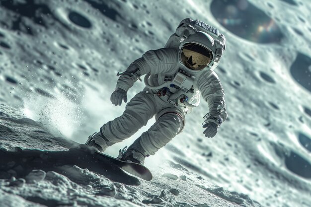 Vista de um astronauta em fato espacial fazendo snowboard na Lua