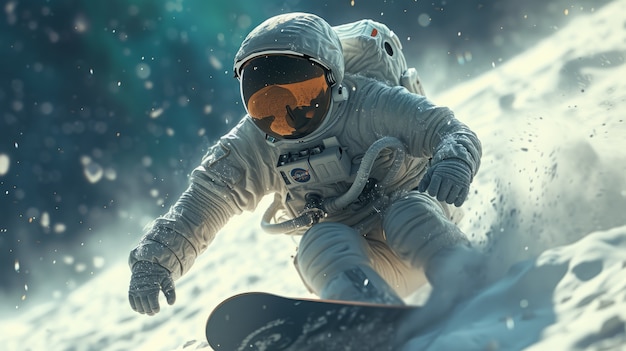 Vista de um astronauta em fato espacial fazendo snowboard na Lua