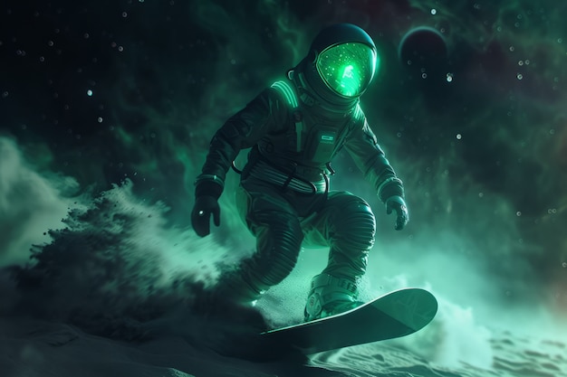 Vista de um astronauta em fato espacial fazendo snowboard na Lua