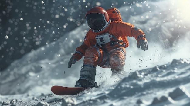 Foto grátis vista de um astronauta em fato espacial fazendo snowboard na lua