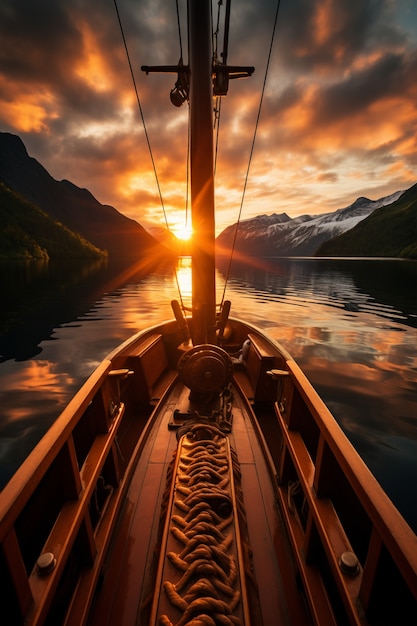 Foto grátis vista de um barco na água ao pôr-do-sol