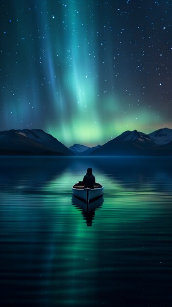 Vista de um barco na água com aurora boreal