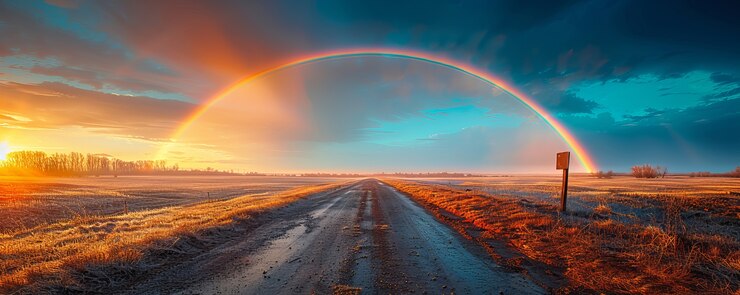 Foto grátis vista de um belo arco-íris aparecendo no final de uma estrada
