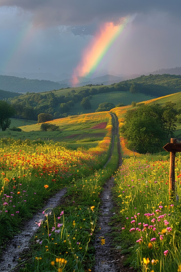 Foto grátis vista de um belo arco-íris aparecendo no final de uma estrada