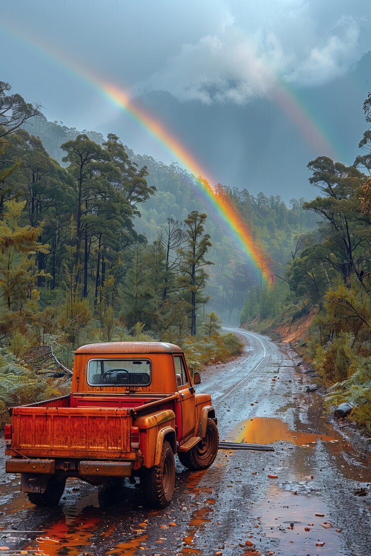Foto grátis vista de um belo arco-íris aparecendo no final de uma estrada