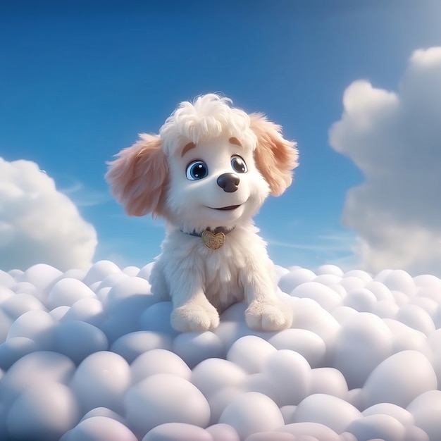 Vista de um cão adorável em 3D com nuvens fofas