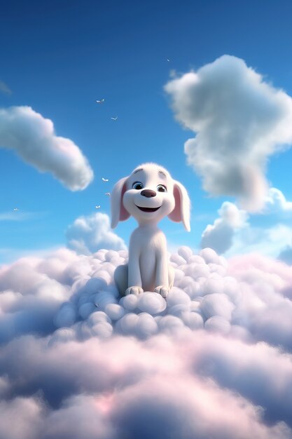 Vista de um cão adorável em 3D com nuvens fofas