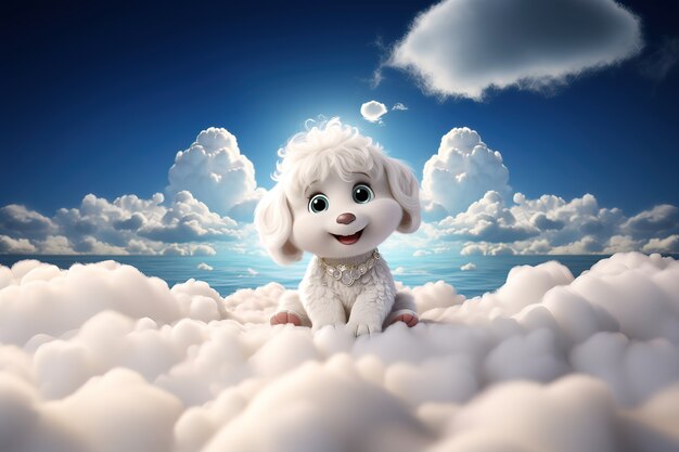 Vista de um cão adorável em 3D com nuvens fofas