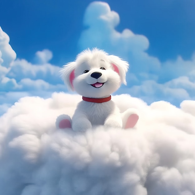 Vista de um cão adorável em 3D com nuvens fofas